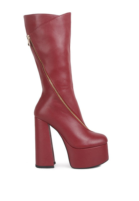 Tzar Faux Leather High Heeled Calf Boots - Platform Style