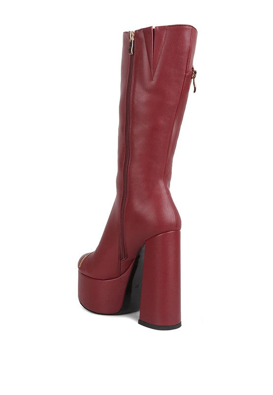 Tzar Faux Leather High Heeled Calf Boots - Platform Style