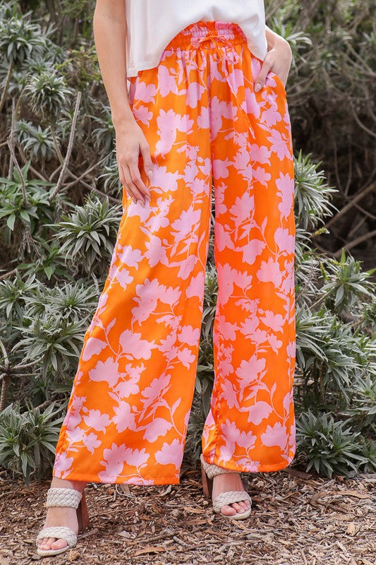 Tropical Print Wide Pants With Self Tie Drawstring - Luxxfashions