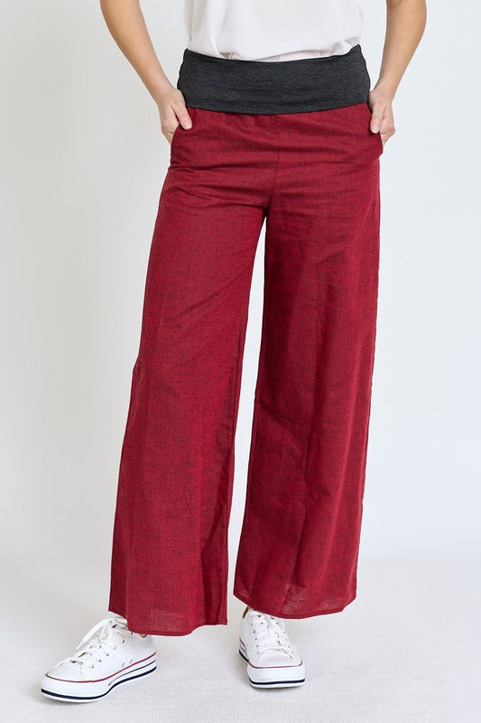 Cotton Linen Wide Leg Pants Fold Over With Pockets - Luxxfashions