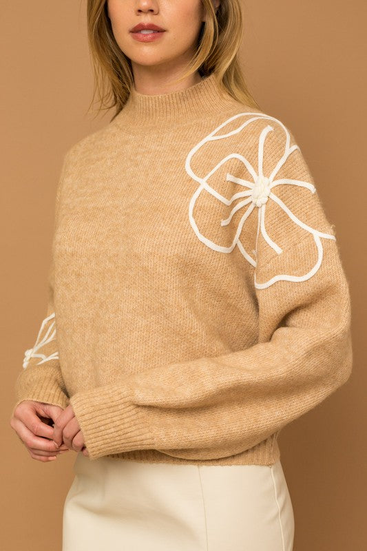 Flower Embroidery Mock Neck Sweater - Luxxfashions