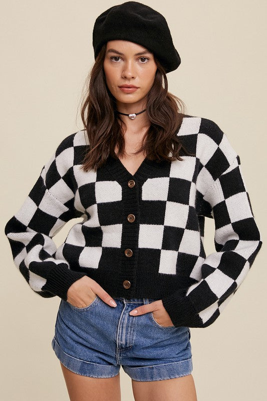 Bold Gingham Sweater Weaved Crop Cardigan - Luxxfashions