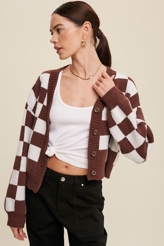 Bold Gingham Sweater Weaved Crop Cardigan - Luxxfashions