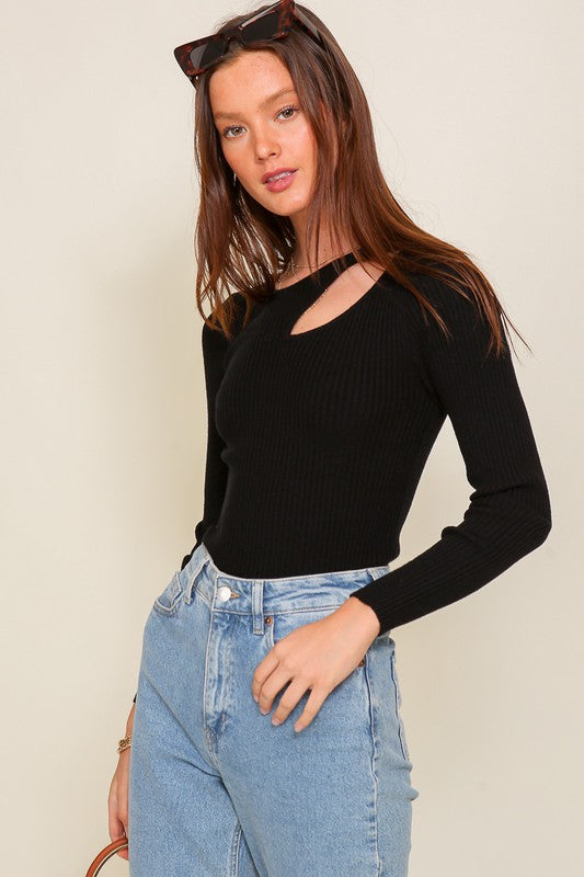 Cut Out Long Sleeve Sweater Top - Luxxfashions