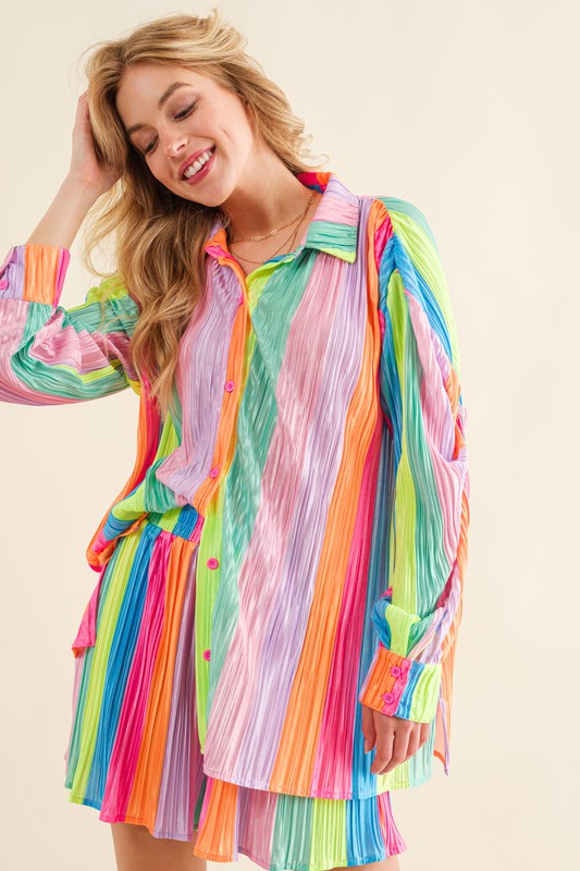 Press Pleated Rainbow Shirt with Matching Shorts - Luxxfashions