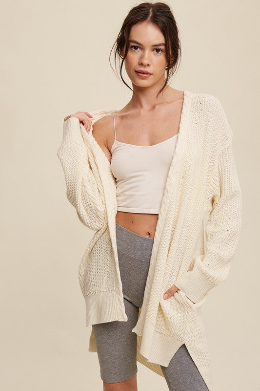 Cable Knit Open Front Long Cardigan - Luxxfashions