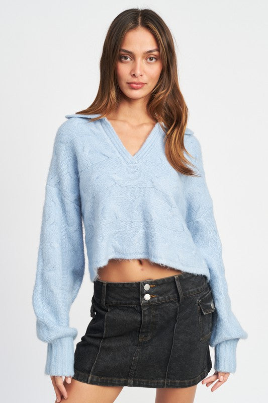 COLLARED CABLEKNIT BOXY SWEATER - Luxxfashions