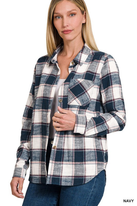 Cotton Plaid Shacket With Front Pocket - Luxxfashions