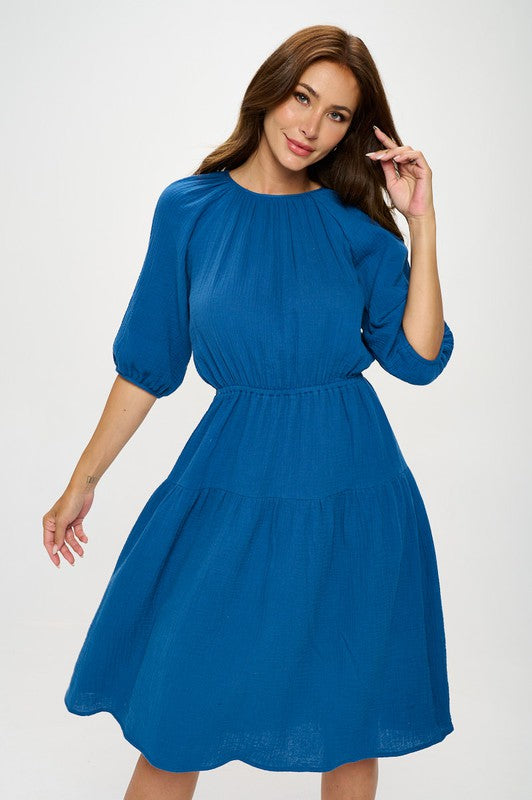 Made in USA Cotton 3/4 Sleeve Tiered Midi Dress