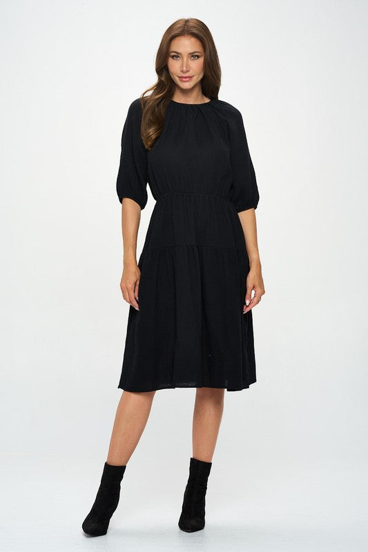 Made in USA Cotton 3/4 Sleeve Tiered Midi Dress