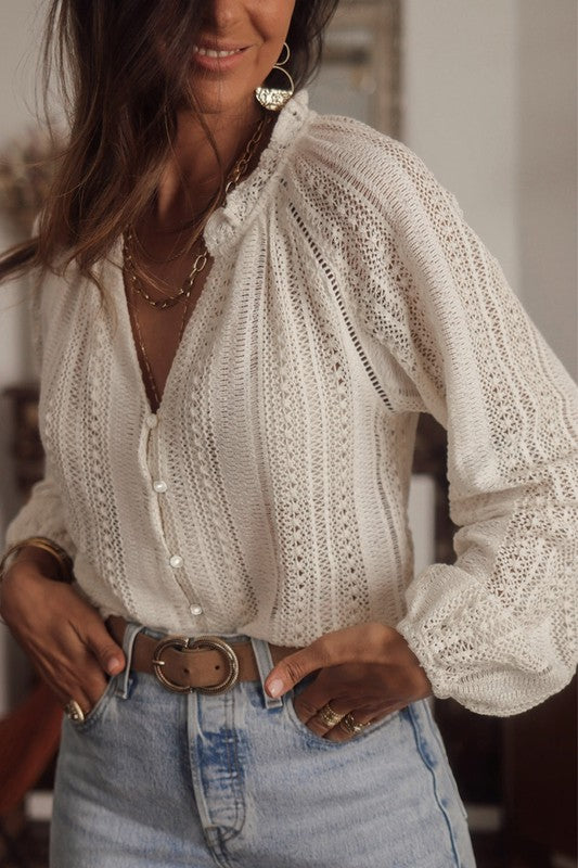 Crochet Lace button v-neck knit sweater blouse - Luxxfashions