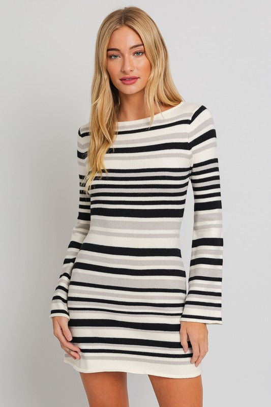 Boat Neck Bell Sleeve Sweater Dress - Luxxfashions