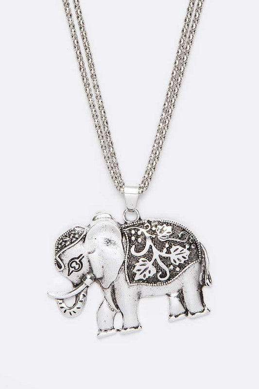 Engraved Elephant Pendant Long Necklace