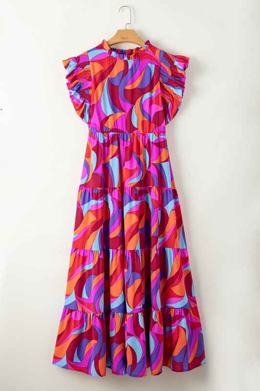 Abstract High Waist Ruffle Tiered Long Dress