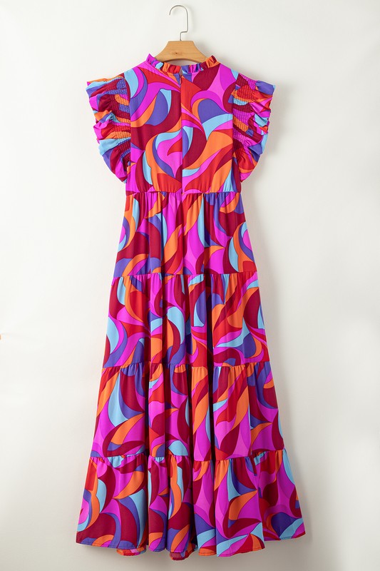 Abstract High Waist Ruffle Tiered Long Dress