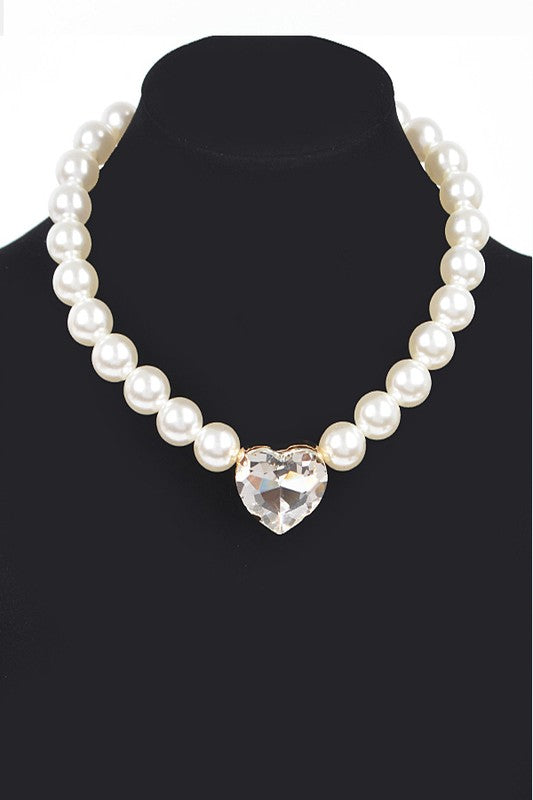 Crystal Heart Pendant Faux Pearl Collar Necklace