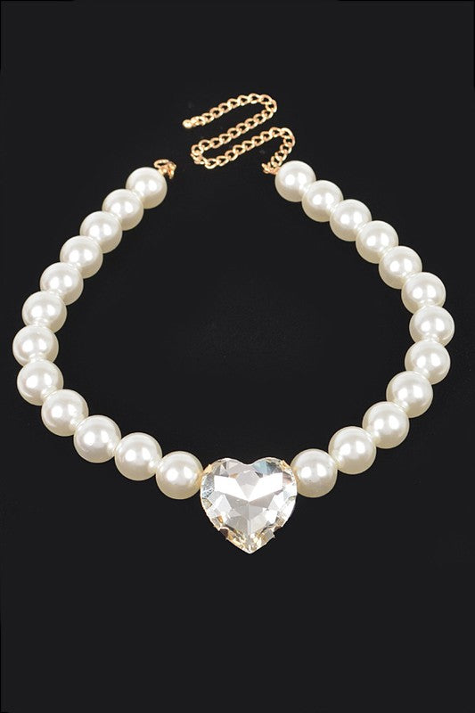 Crystal Heart Pendant Faux Pearl Collar Necklace