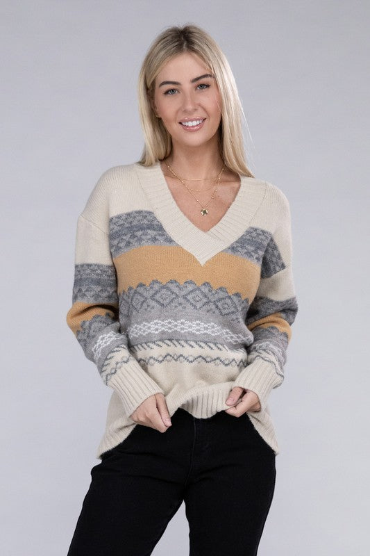 Multicolor Stripe V Neck Sweater - Luxxfashions