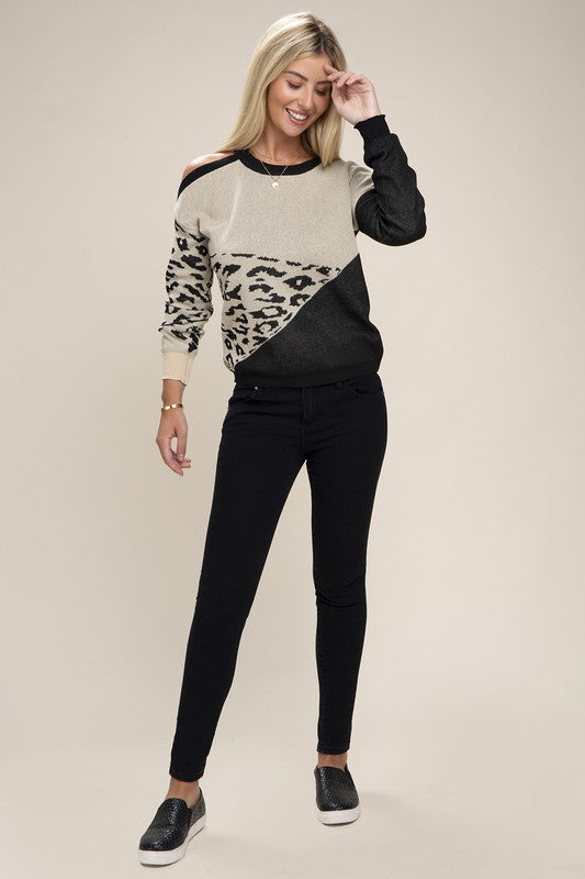 Leopard Print Color Block Sweater - Luxxfashions