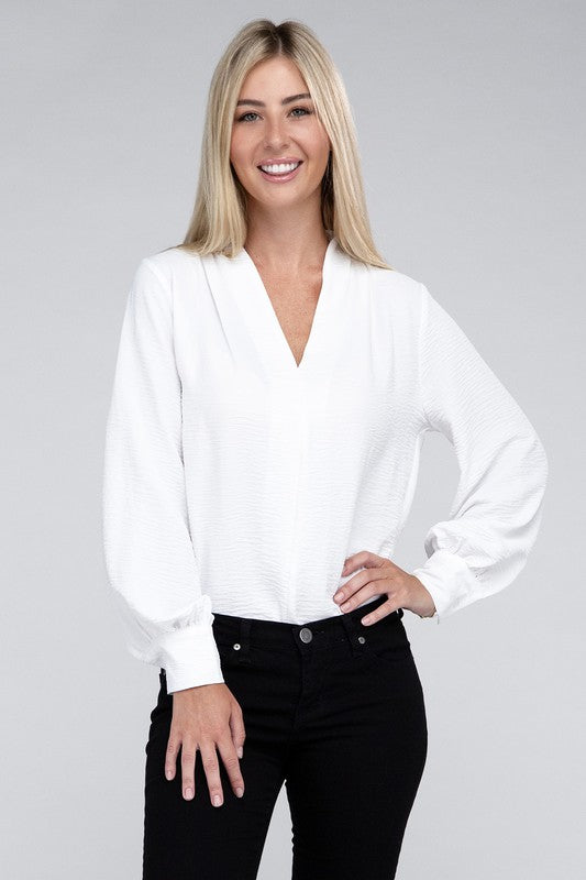 Woven Airflow V-Neck Long Sleeve Top - Luxxfashions