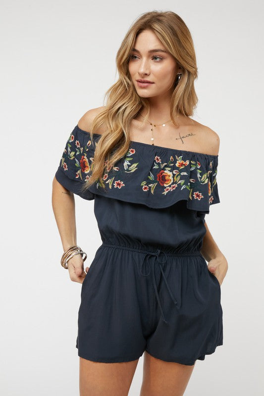 Floral Embroidered Off Shoulder Romper - Luxxfashions