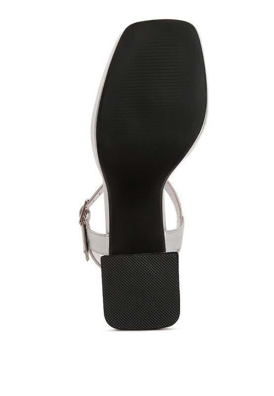 Metallic Faux Leather Block Heel Sandals