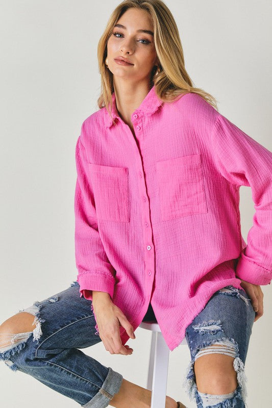 Solid Button Down Long Sleeve Shirt - Luxxfashions