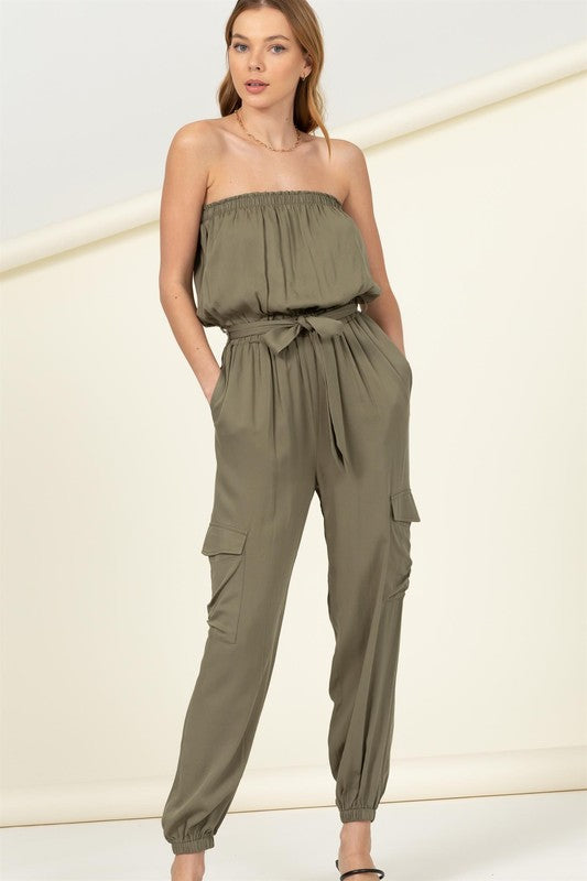 Flap Pocket Side Belted Tube Jumpsuit - Luxxfashions