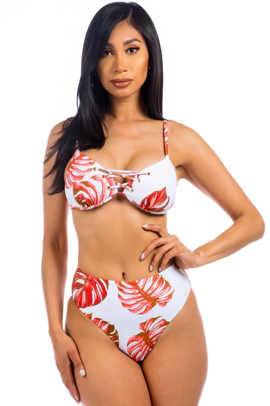 Two Piece Tropical Leave Print Bikini - Luxxfashions