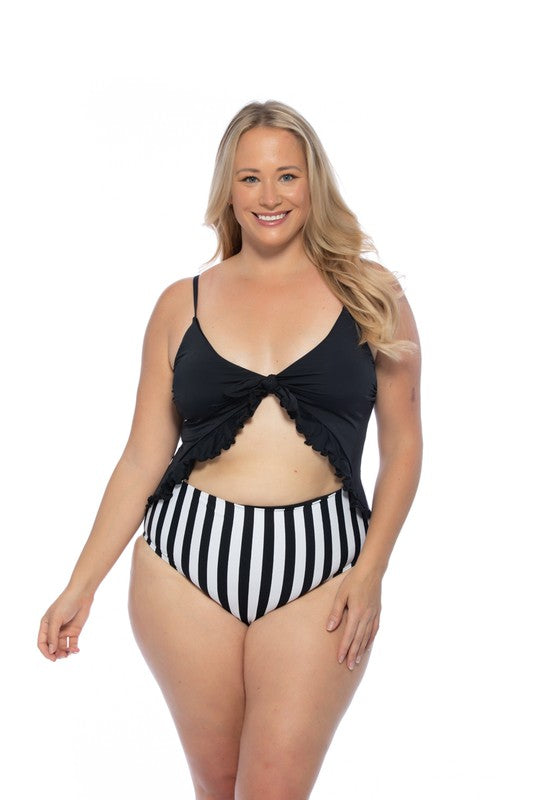 BLACK AND STRIPED CUTOUT ONE PIECE SWIMSUIT - Luxxfashions