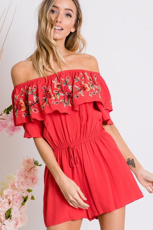 Floral Embroidered Off Shoulder Romper - Luxxfashions
