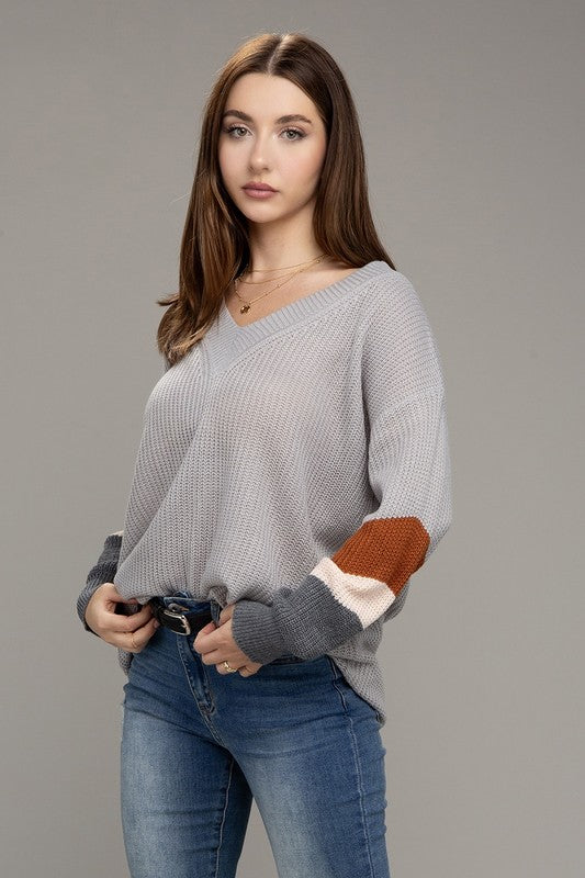 Color Block Dropped Shoulder Sweater - Luxxfashions