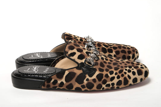 Christian Louboutin Black Brown Leapord Print Open Back Loafer